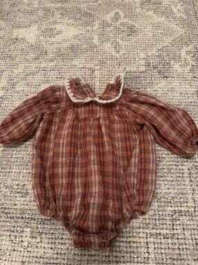 Rylee + Cru Rust Plaid Ruffle-Collar Baby One-Piece